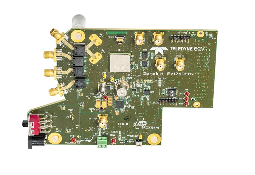 1. The EV12AQ600-FMC-EVM development kit mounts a high-speed four-channel 12-bit ADC and supporting hardware on a prototype circuit board for experimentation.