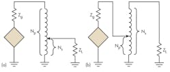 10. A single-winding autotransformer with a tap can step down (a) or step up (b) impedances like a standard two-winding transformer.