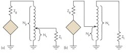 10. A single-winding autotransformer with a tap can step down (a) or step up (b) impedances like a standard two-winding transformer. 10. A single-winding autotransformer with a tap can step down (a) or step up (b) impedances like a standard two-winding transformer.