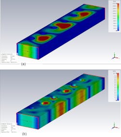 10. Shown are the electric (a) and magnetic (b) field distributions of a post-based metallic waveguide filter. 10. Shown are the electric (a) and magnetic (b) field distributions of a post-based metallic waveguide filter.