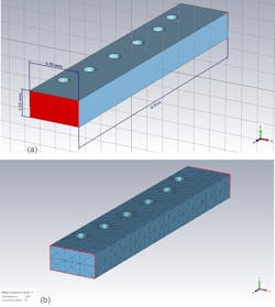 9. Here we see the post-based metallic waveguide filter&rsquo;s 3D geometry (a) and the meshing volume used for the frequency-domain 3D simulation (b). Basic dimensions also are provided.
