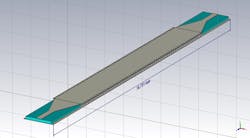 12. In this drawing, we see the 3D geometry of the metal post-based SIW filter with posts and microstrip-to-SIW transitions. 12. In this drawing, we see the 3D geometry of the metal post-based SIW filter with posts and microstrip-to-SIW transitions.