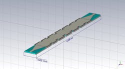 6. Shown is the 3D geometry of the H-plane iris-based SIW filter with posts and microstrip-to-SIW transitions. 6. Shown is the 3D geometry of the H-plane iris-based SIW filter with posts and microstrip-to-SIW transitions.
