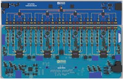 2. The test setup outputs transmit (red) signals, then combines all transmit signals using an attached 16-transmit/16-receive-channel calibration board. This combined signal is then evenly split and loops back into each receive (orange) channel. The 16-transmit/16-receive-channel calibration board is at the top of the image and mates to the separate Quad-MxFE platform used for this article. PLL/synthesizer signals (green) can be adjusted to correct for thermal impairments intentionally introduced on the platform. 2. The test setup outputs transmit (red) signals, then combines all transmit signals using an attached 16-transmit/16-receive-channel calibration board. This combined signal is then evenly split and loops back into each receive (orange) channel. The 16-transmit/16-receive-channel calibration board is at the top of the image and mates to the separate Quad-MxFE platform used for this article. PLL/synthesizer signals (green) can be adjusted to correct for thermal impairments intentionally introduced on the platform.