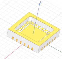 1. Shown is the Modelithics 3D geometry model for the QFN-4424-0522, which is a 4-mm QFN package with a castellated grounded seal ring configuration. This model is validated from dc to 40 GHz. 1. Shown is the Modelithics 3D geometry model for the QFN-4424-0522, which is a 4-mm QFN package with a castellated grounded seal ring configuration. This model is validated from dc to 40 GHz.