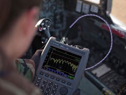 1. Shown is Keysight’s FieldFox handheld analyzer connected with W.L. Gore’s Phaseflex microwave/RF test assemblies used during flight-line testing. (Courtesy of Keysight Technologies) 1. Shown is Keysight’s FieldFox handheld analyzer connected with W.L. Gore’s Phaseflex microwave/RF test assemblies used during flight-line testing. (Courtesy of Keysight Technologies)