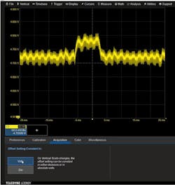 4. When using dc coupling on the WavePro HD, choose “Offset Setting Constant in: Volts” (lower left) to keep your power-rail trace centered as you zoom in to examine noise on the power rail. 4. When using dc coupling on the WavePro HD, choose “Offset Setting Constant in: Volts” (lower left) to keep your power-rail trace centered as you zoom in to examine noise on the power rail.