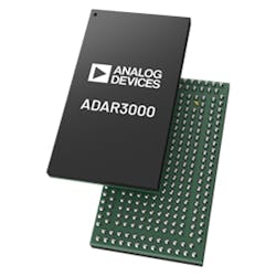 1. The ADAR3000 is a silicon MMIC beamformer that controls the beams of radiating elements from 17 to 22 GHz. (Courtesy of Analog Devices) 1. The ADAR3000 is a silicon MMIC beamformer that controls the beams of radiating elements from 17 to 22 GHz. (Courtesy of Analog Devices)