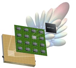 3. This silicon CMOS MMIC orchestrates antenna beamforming from 24.25 to 29.50 in phased-array antennas. (Courtesy of Anokiwave) 3. This silicon CMOS MMIC orchestrates antenna beamforming from 24.25 to 29.50 in phased-array antennas. (Courtesy of Anokiwave)