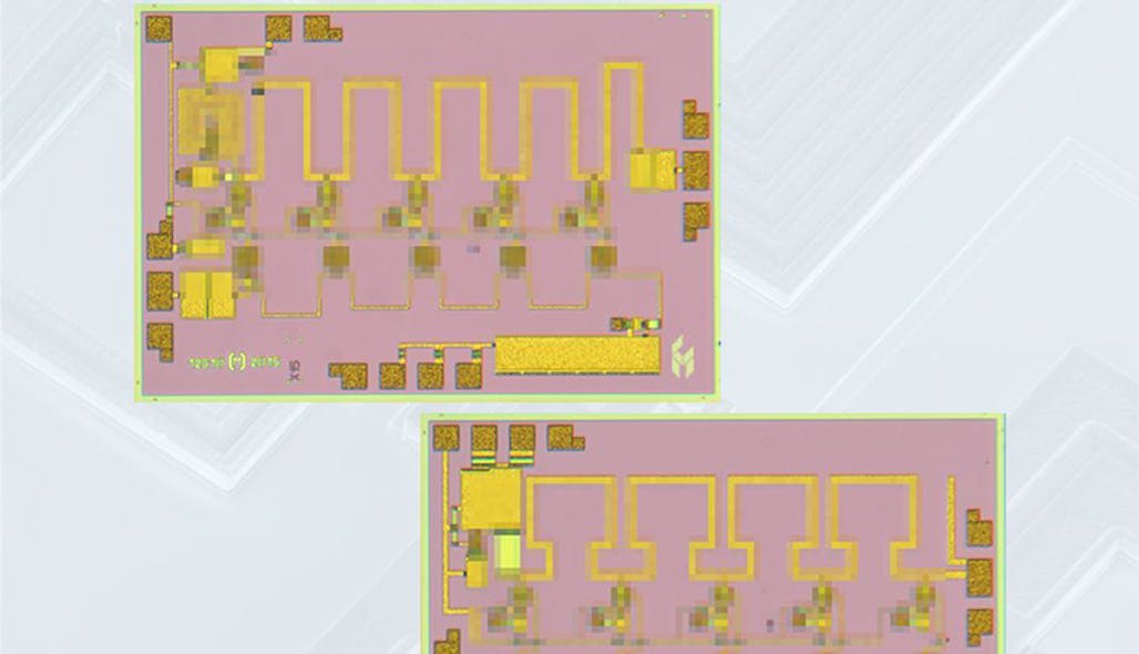 4. This GaAs MMIC distributed amplifier is supplied in die form for applications from dc to 22 GHz. (Courtesy of Qorvo)