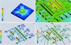 3. These images represent various heat-map views of the full 3D structure: Power across the board (upper left), heat sources spread across the MMIC's power transistors (upper right), the die metallization (lower left), and with the wire bonds added (lower right). 3. These images represent various heat-map views of the full 3D structure: Power across the board (upper left), heat sources spread across the MMIC's power transistors (upper right), the die metallization (lower left), and with the wire bonds added (lower right).