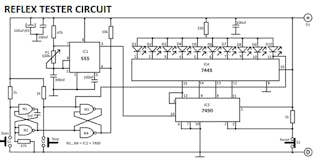 3. A basic reaction-time circuit with a readout of 10 LEDs is analogous to the carnival version and doesn&rsquo;t even require a microcontroller. (Image credit: Electroschematics)