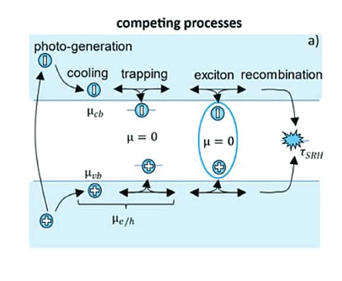 2. Probing exciton formation and charge-carrier trapping: Illustration of competing charge-carrier dynamics, including cooling to the band-edge, trapping, exciton formation, and recombination.