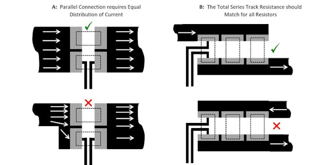 5. Parallel connection requires equal distribution of current (A). The total series track resistance should match for all resistors (B).