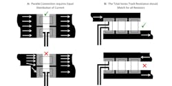 5. Parallel connection requires equal distribution of current (A). The total series track resistance should match for all resistors (B). 5. Parallel connection requires equal distribution of current (A). The total series track resistance should match for all resistors (B).