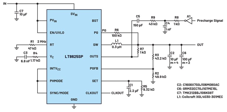 5. Shown is the LT8625SP with a pre-charge signal fed into the OUTS pin to achieve a fast transient response.