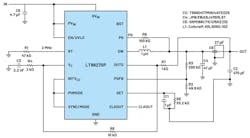 7. In this circuit, the LT8627SP is augmented with an active drooping resistor placed between OUTS and VC to achieve a fast transient recovery time. 7. In this circuit, the LT8627SP is augmented with an active drooping resistor placed between OUTS and VC to achieve a fast transient recovery time.