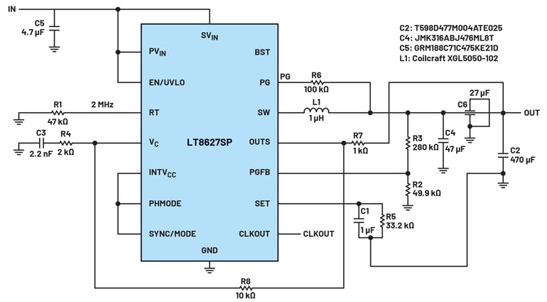 7. In this circuit, the LT8627SP is augmented with an active drooping resistor placed between OUTS and VC to achieve a fast transient recovery time.