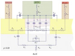 10. Here is a CMOS cross-section with the equivalent circuit superimposed for parasitic effects. 10. Here is a CMOS cross-section with the equivalent circuit superimposed for parasitic effects.