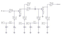 20. This schematic depicts the circuit of the single-way PA as simulated with AWR Microwave Office. 20. This schematic depicts the circuit of the single-way PA as simulated with AWR Microwave Office.