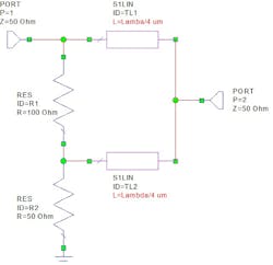 5. This schematic is of the equivalent electrical circuit of the Wilkinson power combiner as simulated with AWR Microwave Office. 5. This schematic is of the equivalent electrical circuit of the Wilkinson power combiner as simulated with AWR Microwave Office.