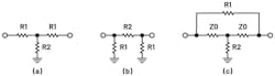 1. Shown here are the three basic topologies that underlie various types of attenuator design configurations: T-type (a), π-type (b), and bridged-T networks (c). 1. Shown here are the three basic topologies that underlie various types of attenuator design configurations: T-type (a), π-type (b), and bridged-T networks (c).