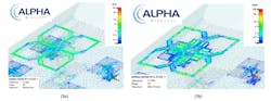 3. These images show how high-band filters on the radiating arms of low-band dipoles can suppress unwanted scattering of high-band signals on those low-band arms—a low-band dipole without high-band filters in the presence of active high-band dipoles (a), and a low-band dipole incorporating high-band filters (b). Green areas indicate long sections of high-current density excited on the low-band dipole arms, which can radiate on the high-band frequencies, whereas the blue areas have lower current density. 3. These images show how high-band filters on the radiating arms of low-band dipoles can suppress unwanted scattering of high-band signals on those low-band arms—a low-band dipole without high-band filters in the presence of active high-band dipoles (a), and a low-band dipole incorporating high-band filters (b). Green areas indicate long sections of high-current density excited on the low-band dipole arms, which can radiate on the high-band frequencies, whereas the blue areas have lower current density.