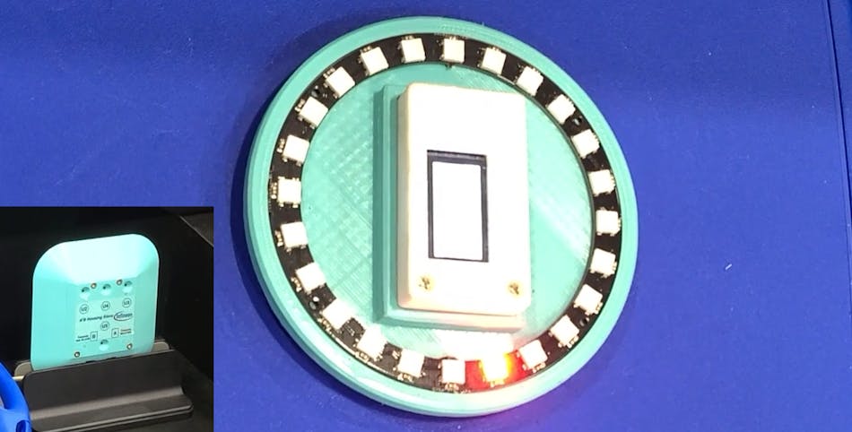 The MEMS microphone array (lower left) detects the direction of the siren, and the relative direction of the source is shown by the bright LED on the circular display.