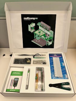 Inside look at the same customized kit for university students. The kit includes a soldering iron, digital multimeter, solder wire, wire stripper, breadboard, and jumper wire kit. Inside look at the same customized kit for university students. The kit includes a soldering iron, digital multimeter, solder wire, wire stripper, breadboard, and jumper wire kit.