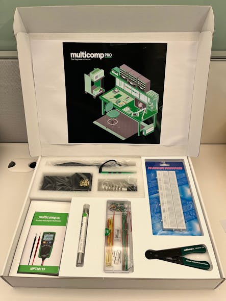 Inside look at the same customized kit for university students. The kit includes a soldering iron, digital multimeter, solder wire, wire stripper, breadboard, and jumper wire kit.