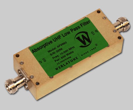 2. The AF9960 is an absorptive low-pass coaxial filter capable of handling 600-W CW power in its passband from dc to 500 MHz.