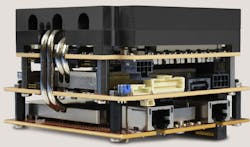 VersaLogic’s EPM-E9 10G Ethernet adapter is shown at the bottom of the PCIe/104 stack, which is powered by the company’s six-core, Xeon-E-based EPMe-51 Sabertooth single-board computer. VersaLogic’s EPM-E9 10G Ethernet adapter is shown at the bottom of the PCIe/104 stack, which is powered by the company’s six-core, Xeon-E-based EPMe-51 Sabertooth single-board computer.