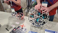 1. Drone soccer balls are not kicked around—they fly through hoops to score. The balls contain a quad-rotor drone that's protected by the ball if it should bump into an obstacle. 1. Drone soccer balls are not kicked around—they fly through hoops to score. The balls contain a quad-rotor drone that's protected by the ball if it should bump into an obstacle.