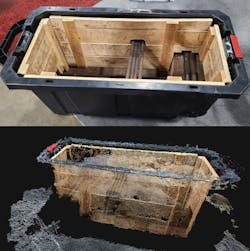 1. The tub (top) was scanned by walking around and aiming the 3D scanner at the object and surrounding area. The 3D model/digital twin (bottom) was created based on the recorded data.