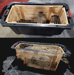1. The tub (top) was scanned by walking around and aiming the 3D scanner at the object and surrounding area. The 3D model/digital twin (bottom) was created based on the recorded data. 1. The tub (top) was scanned by walking around and aiming the 3D scanner at the object and surrounding area. The 3D model/digital twin (bottom) was created based on the recorded data.
