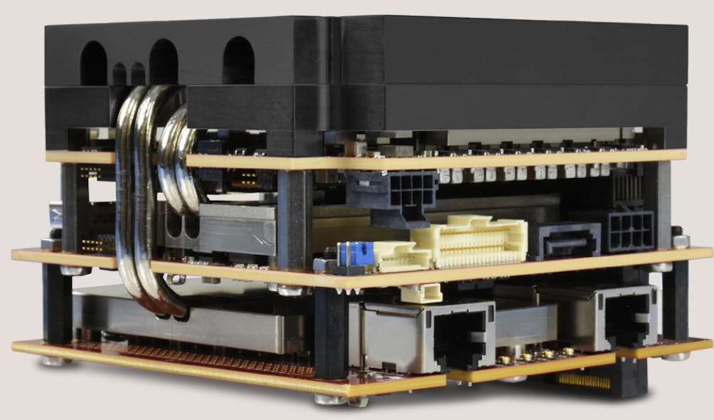 The PCIe/104 Sabertooth SBC with heat-pipe cooling is stacked atop VersaLogic&apos;s dual 10G Ethernet adapter.