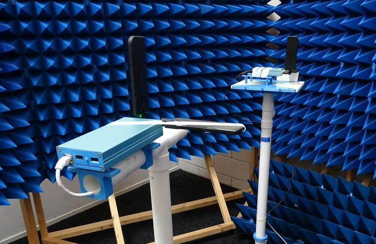 8. Here’s the adjusted MegiQ RMS measurement setup for the RSSI measurements conducted in this article. Shown are the RMS receiver (left) and the VNA (right). 8. Here’s the adjusted MegiQ RMS measurement setup for the RSSI measurements conducted in this article. Shown are the RMS receiver (left) and the VNA (right).