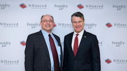 Robert Patti, president of NHanced Semiconductors (left) is joined by IN Republican U. S. Senator Todd Young at the new NHanced WestGate facility in Odon, IN. Robert Patti, president of NHanced Semiconductors (left) is joined by IN Republican U. S. Senator Todd Young at the new NHanced WestGate facility in Odon, IN.