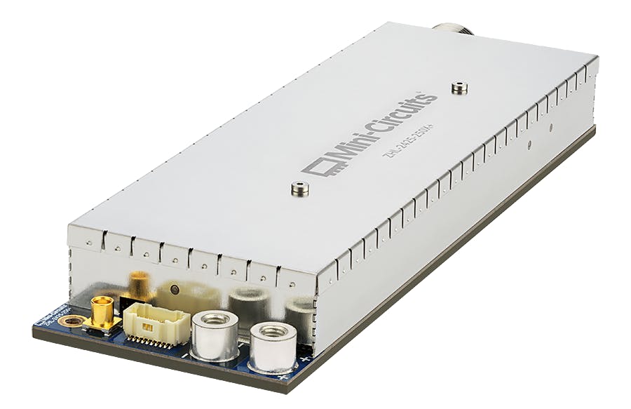 5. To boost signal levels in the 2.4- to 2.5-GHz ISM band, this coaxial SSPA from Mini-Circuits employs Si LDMOS devices to generate a 300-W pulse and CW output power.