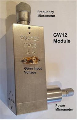 7. As shown, WR12 Gunn oscillators from Osctek are fitted for both cavity frequency adjustment power optimization. 7. As shown, WR12 Gunn oscillators from Osctek are fitted for both cavity frequency adjustment power optimization.