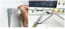 3. These photos illustrate how to tune 10× probe compensation with a screwdriver tool. 3. These photos illustrate how to tune 10× probe compensation with a screwdriver tool.