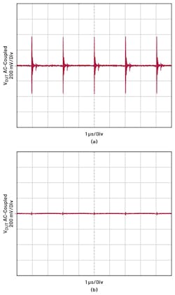 8. Shown are examples of VOUT ripple measurements with a normal probe ground clip (a) vs. with scope probe pigtails (b). 8. Shown are examples of VOUT ripple measurements with a normal probe ground clip (a) vs. with scope probe pigtails (b).