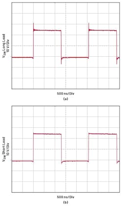 9. Shown is a switch-node waveform measured with a standard scope probe ground lead (a) and with pigtail connections (b). 9. Shown is a switch-node waveform measured with a standard scope probe ground lead (a) and with pigtail connections (b).