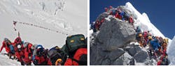 Conga line of climbers and the crowd reaching the peak of Mt. Everest Conga line of climbers and the crowd reaching the peak of Mt. Everest