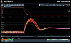 Measurement of a voltage overshoot on a 160-A load step with the A/B/R sequence trigger Measurement of a voltage overshoot on a 160-A load step with the A/B/R sequence trigger