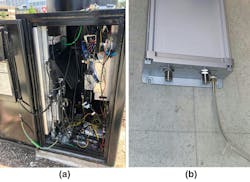 Ruggedized IP67 RN310 and B210 systems sealed in conduction-cooled outdoor housings (a); IP67-rated unit undergoing waterproof testing (b) Ruggedized IP67 RN310 and B210 systems sealed in conduction-cooled outdoor housings (a); IP67-rated unit undergoing waterproof testing (b)