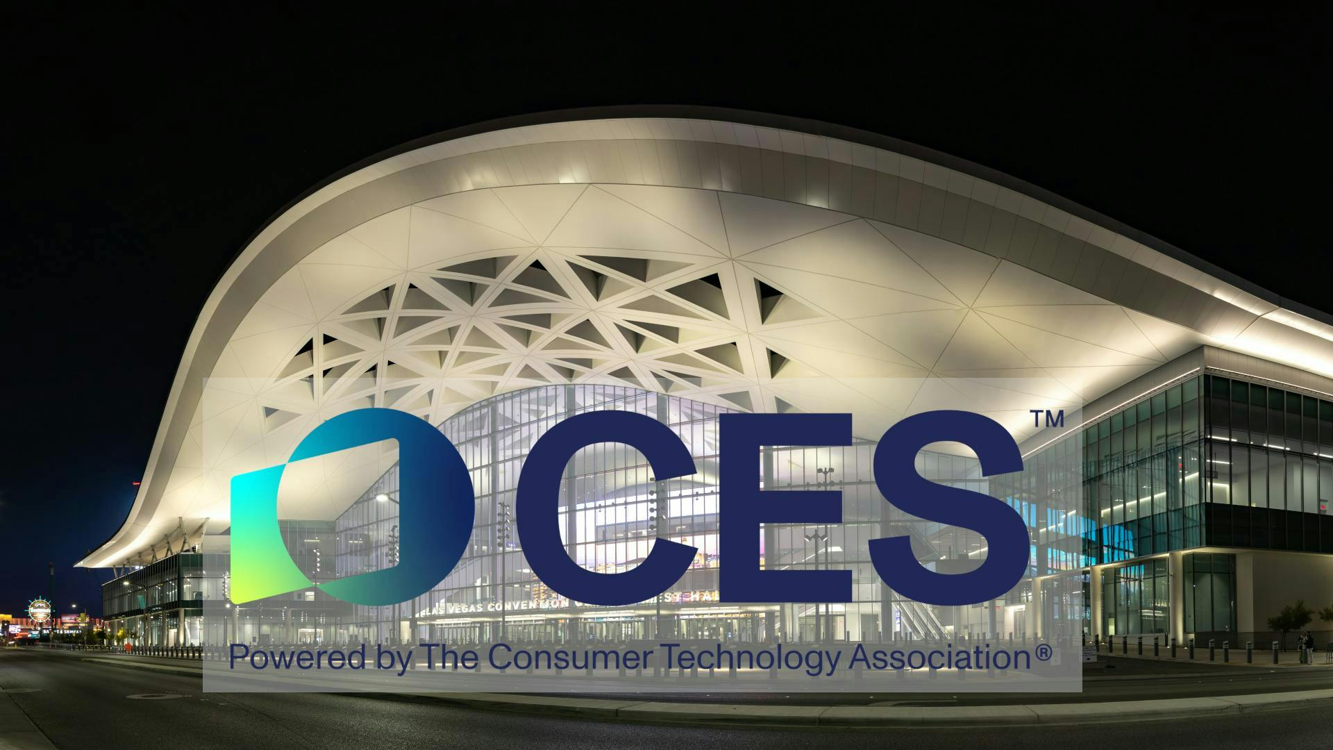 A view of the West Hall of Las Vegas's Convention Center superimposed with CES logo