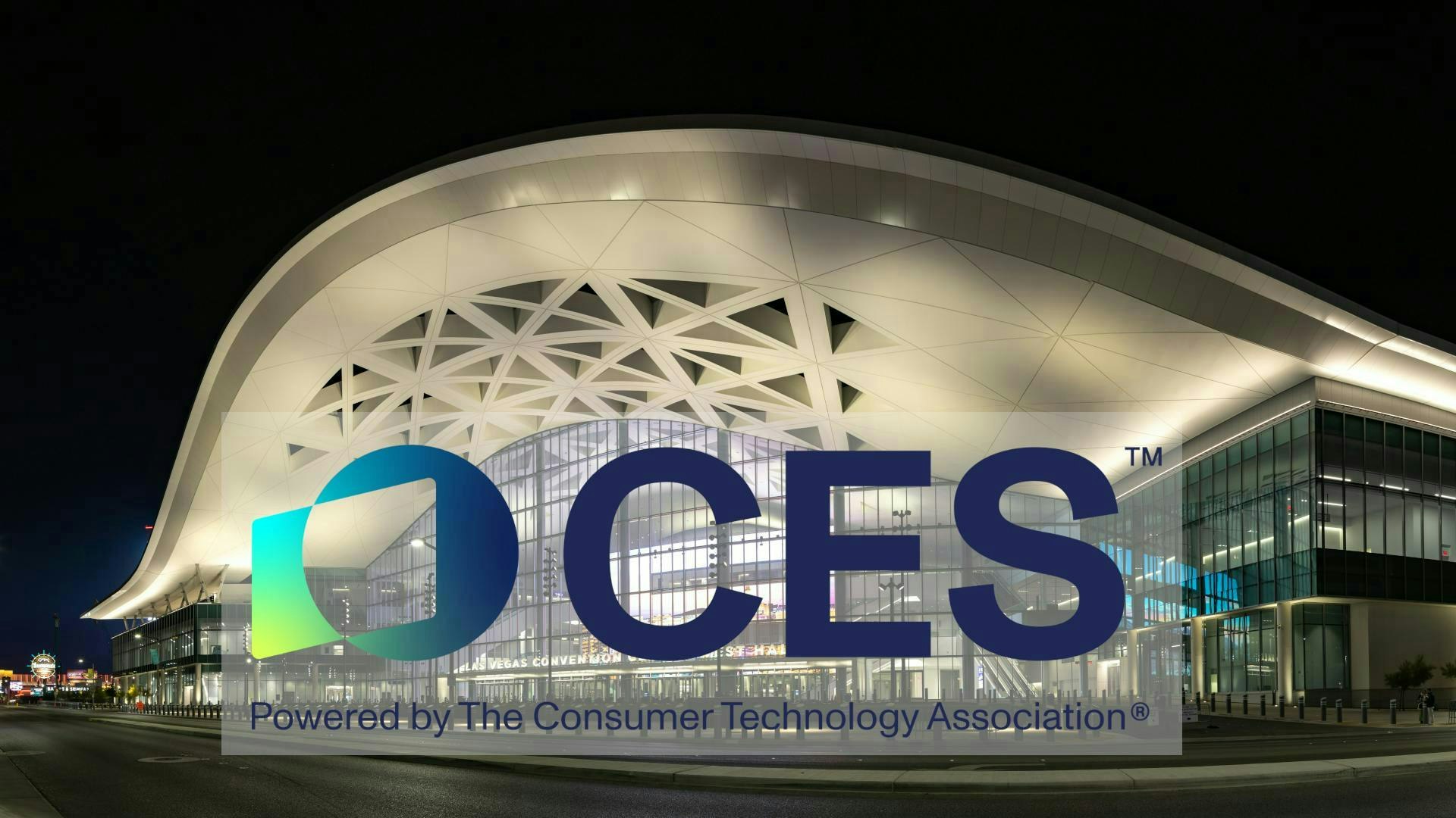 A view of the West Hall of Las Vegas's Convention Center superimposed with CES logo