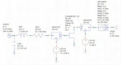 Schematic is based on a 25-W, GaN HEMT transistor and includes an output tuner Schematic is based on a 25-W, GaN HEMT transistor and includes an output tuner