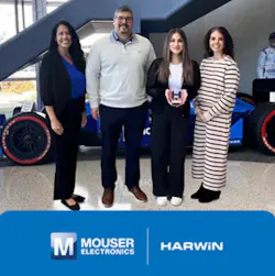 Harwin's Anthony Bruggeman presents Mouser's Kristina Cole, Joanna Kruse, and Krystal Jackson with the Americas Distributor of the Year Award Harwin's Anthony Bruggeman presents Mouser's Kristina Cole, Joanna Kruse, and Krystal Jackson with the Americas Distributor of the Year Award